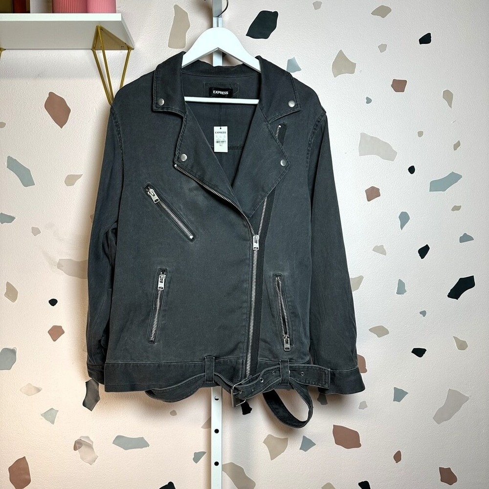 EXPRESS Black Belted Denim Moto Biker Jacket‎ XL